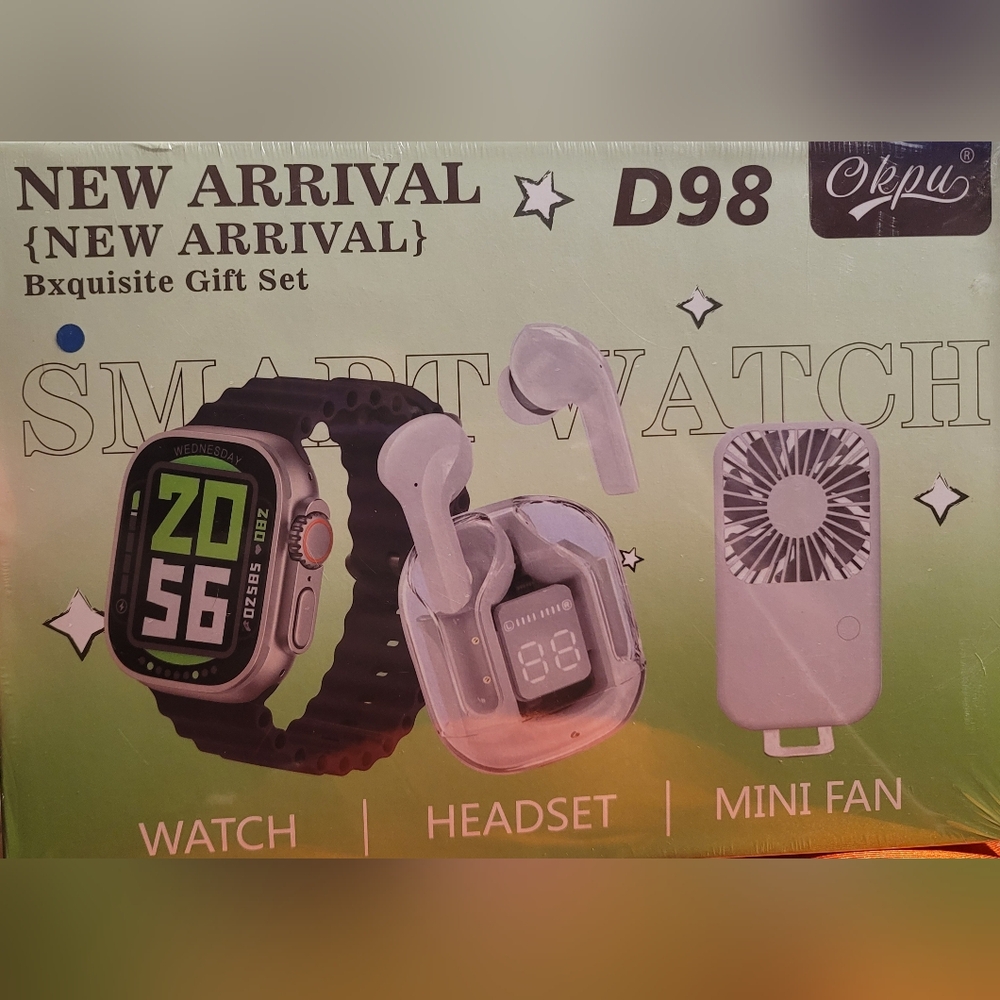 Smartwatch Gift Set with Pink Headset and Mini Fan